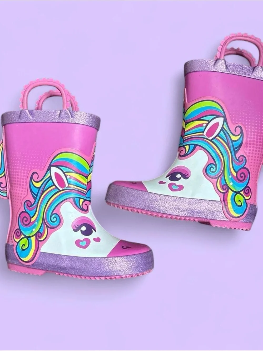 Girls Pink Unicorn Rain Boots with Easy Pull Handles